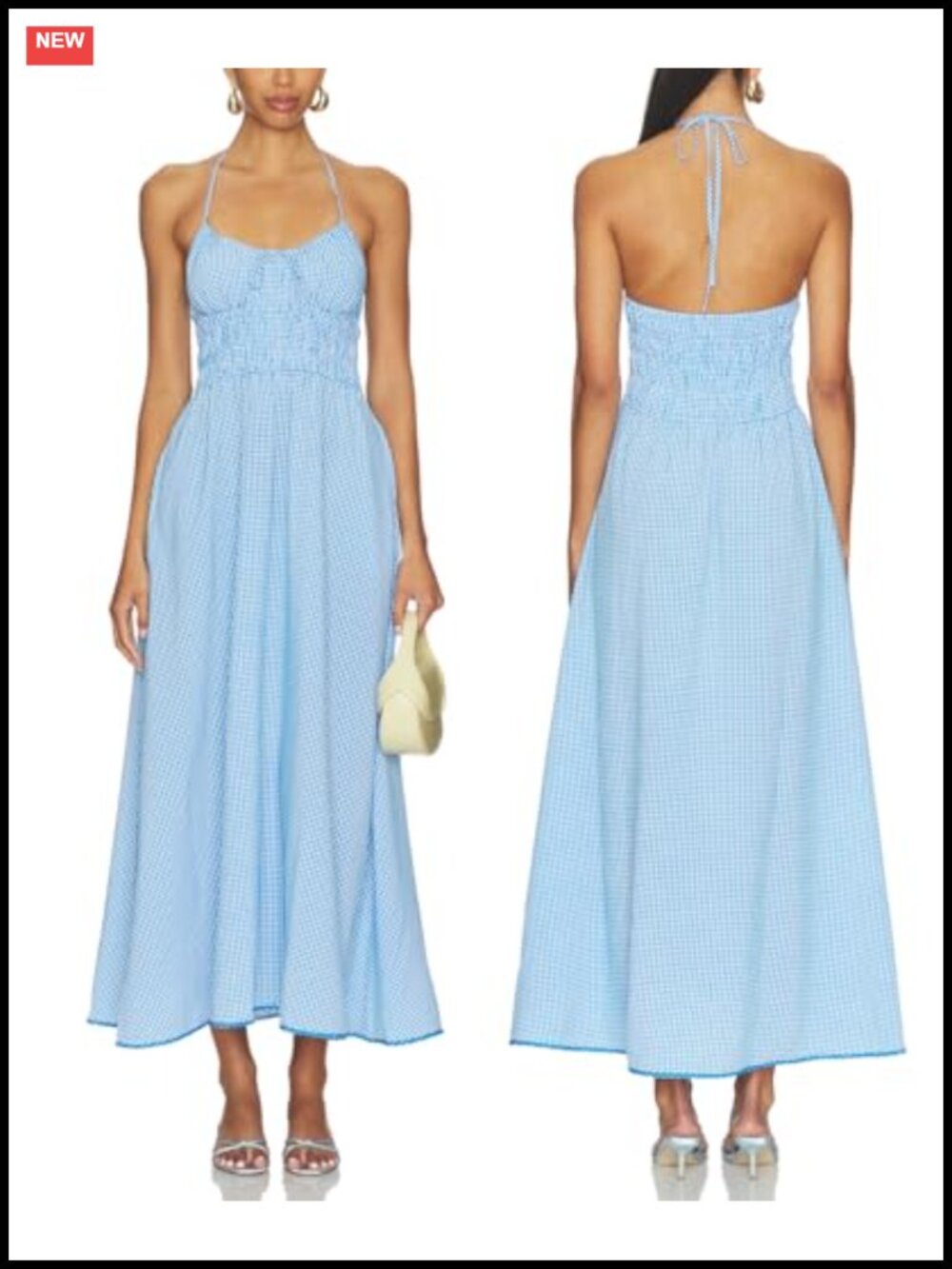 Backless Halter Gingham ruched bodice dress - maxi